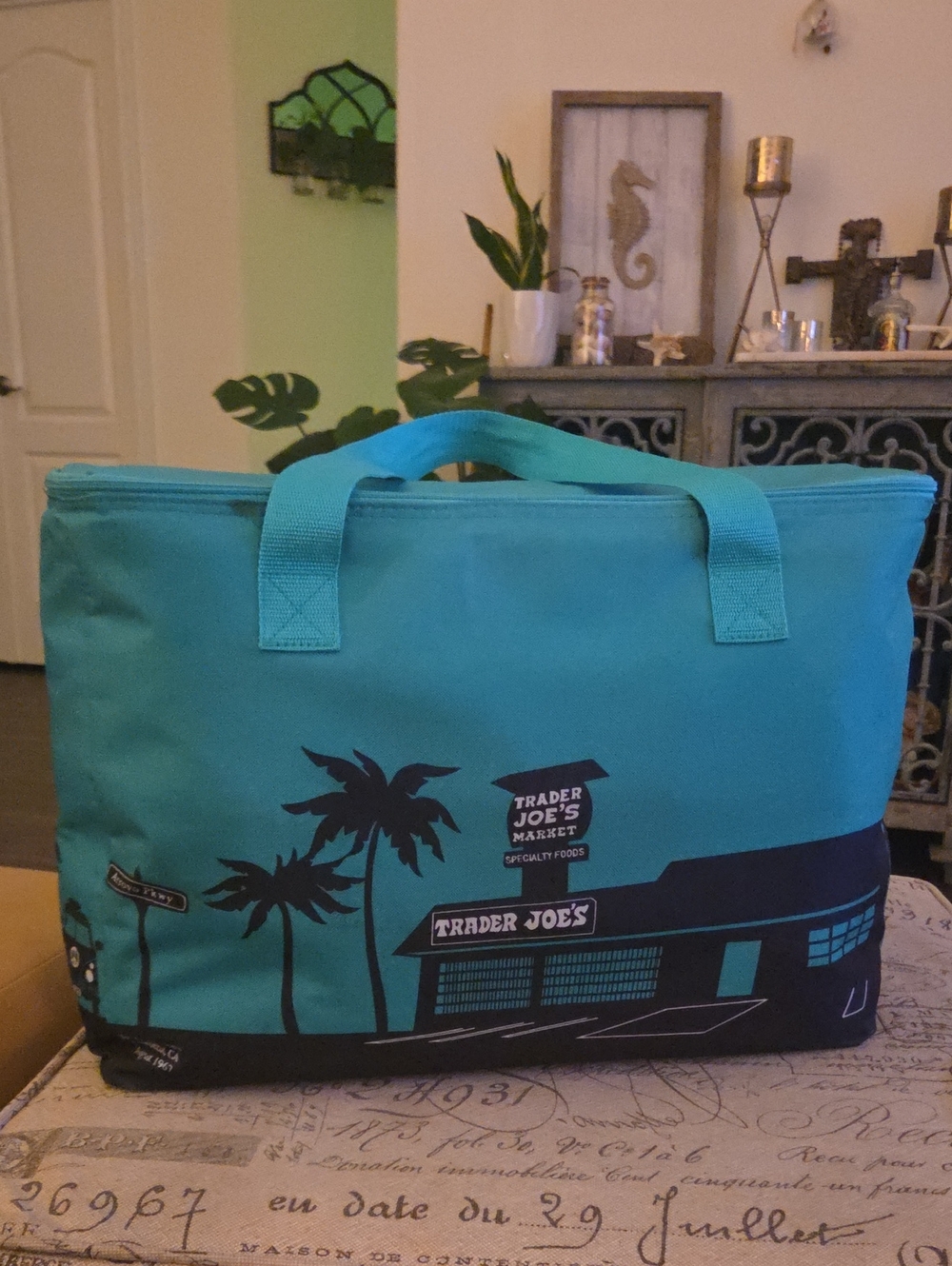 Large Trader Joe’s Teal and Black insulated Tote Bag